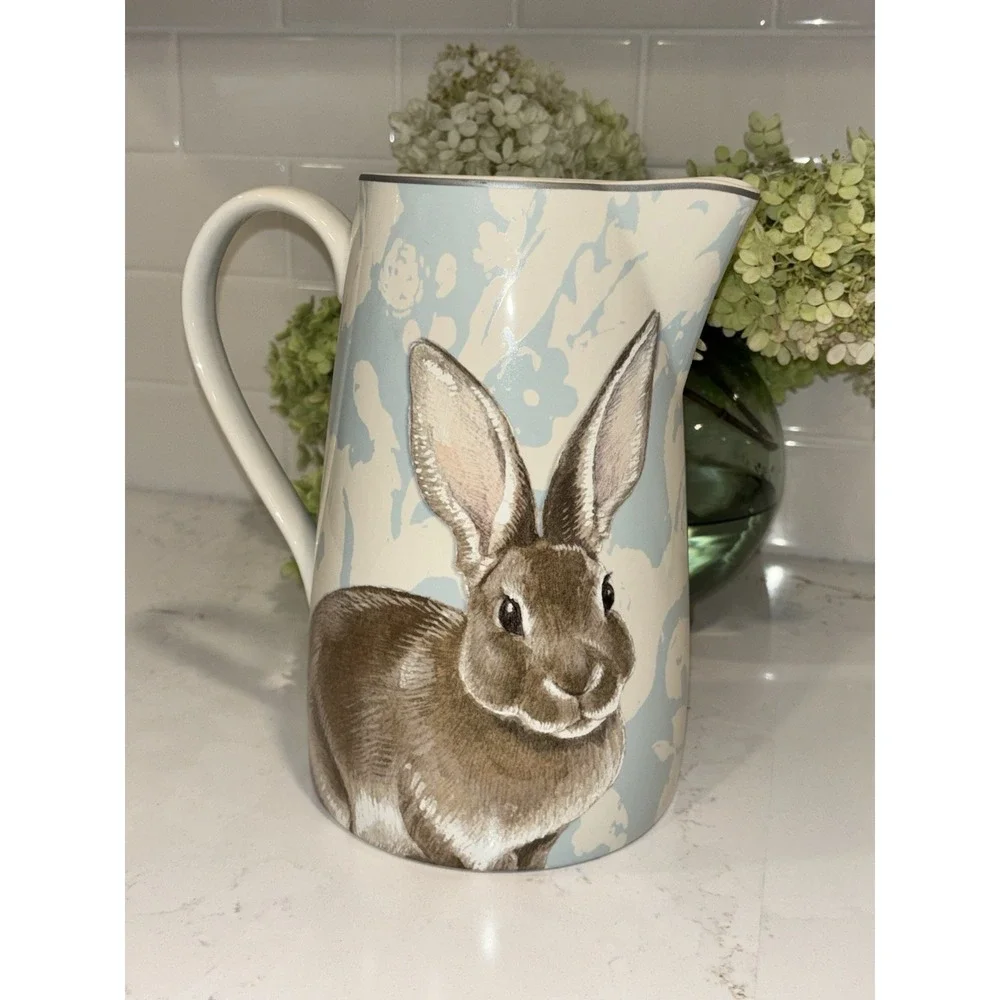 EUC Williams Sonoma Damask Easter Bunny Pitcher Blue Retired 85 Oz